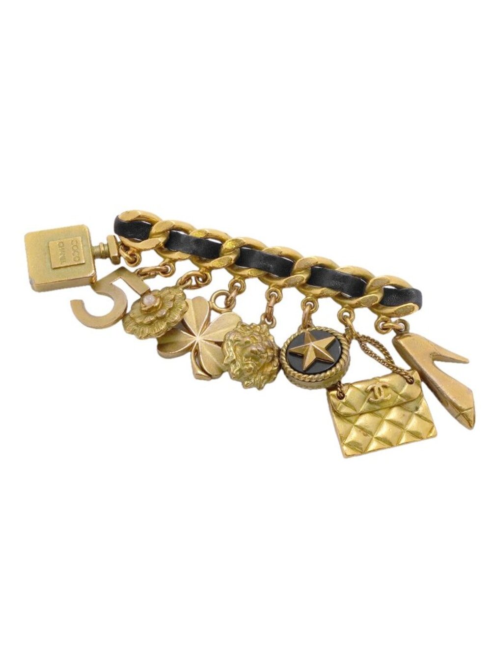Chanel Brooch Vintage CC Logo Camellia Icon Charm Gold Plated Leather Faux